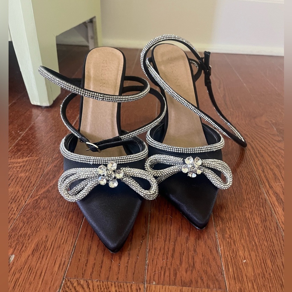 Billini satin black pointed toe heel with embellished bow and straps